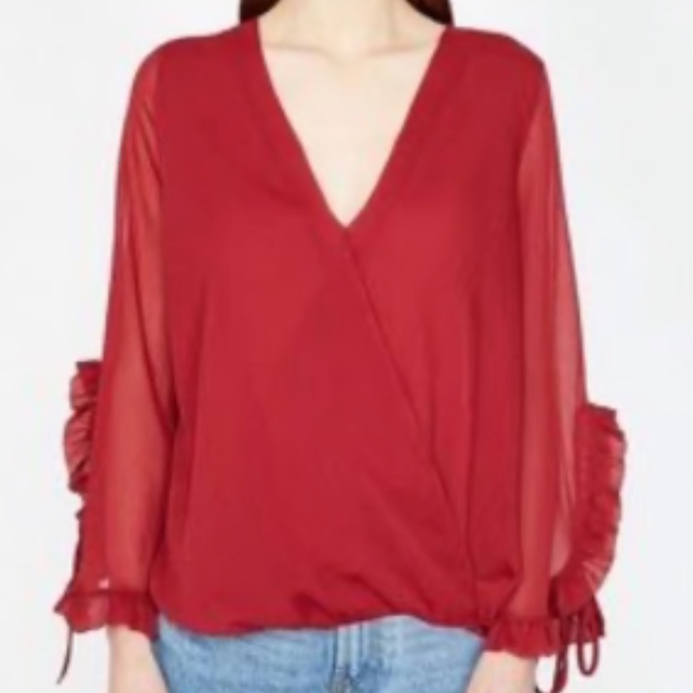 ZARA Burgundy Flamenco Flare Ruffle Sleeve Top M  Faux Wrap V-Neck Blouse